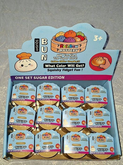 Set cu 12 Mingi Mister Dumpling Squishy cu sclipici multicolore , noi sigilate in cutia originala