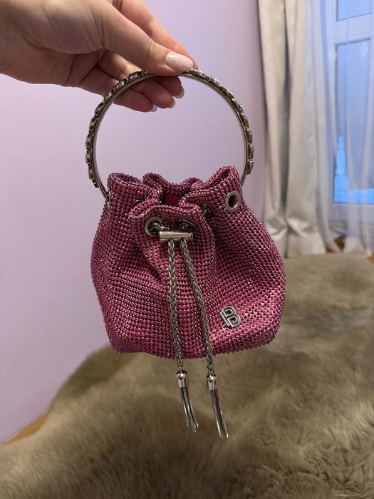 Малка чанта с камъни, розова, тип pouch