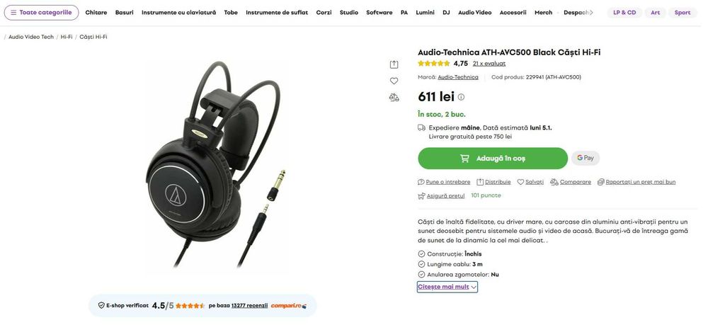 Casti Audio-Technica ATH-AVC500 Black Hi-Fi