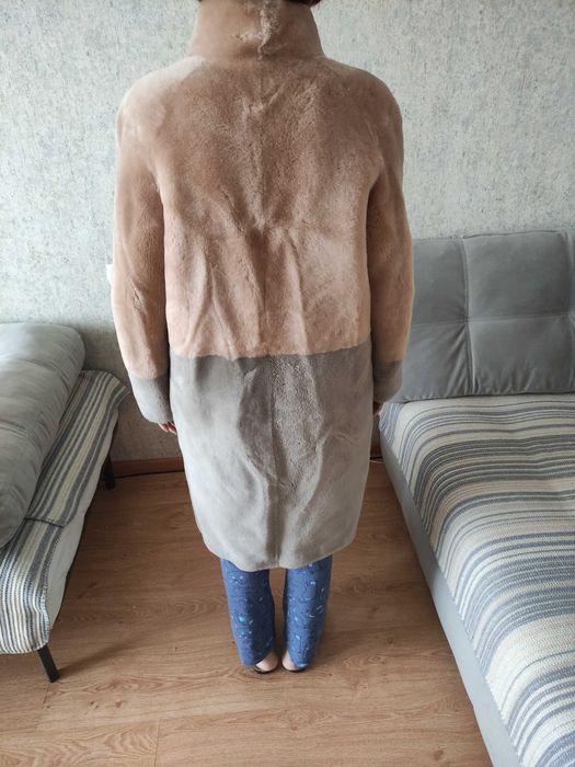 шуба, турецкая, натуральная овчина, розово-серая