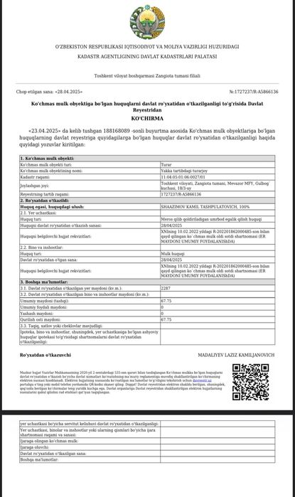Назарбекда (Зангиота тумани) 22,8 сотих ер ва уй сотилади худжатла бор