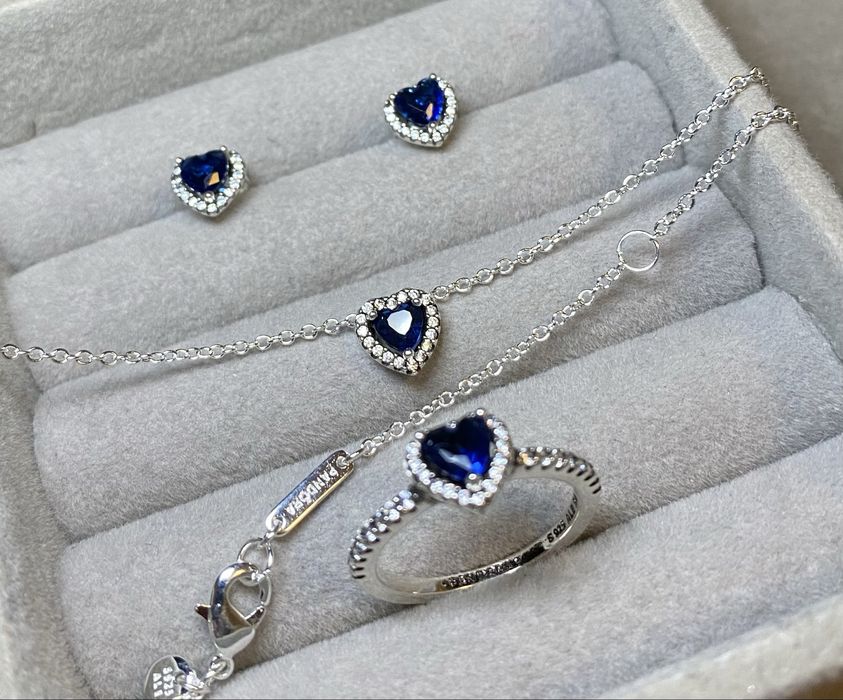 PANDORA Set Argint S925 – Inel mar.7, Cercei, Colier – Inimă Albastră – NOU