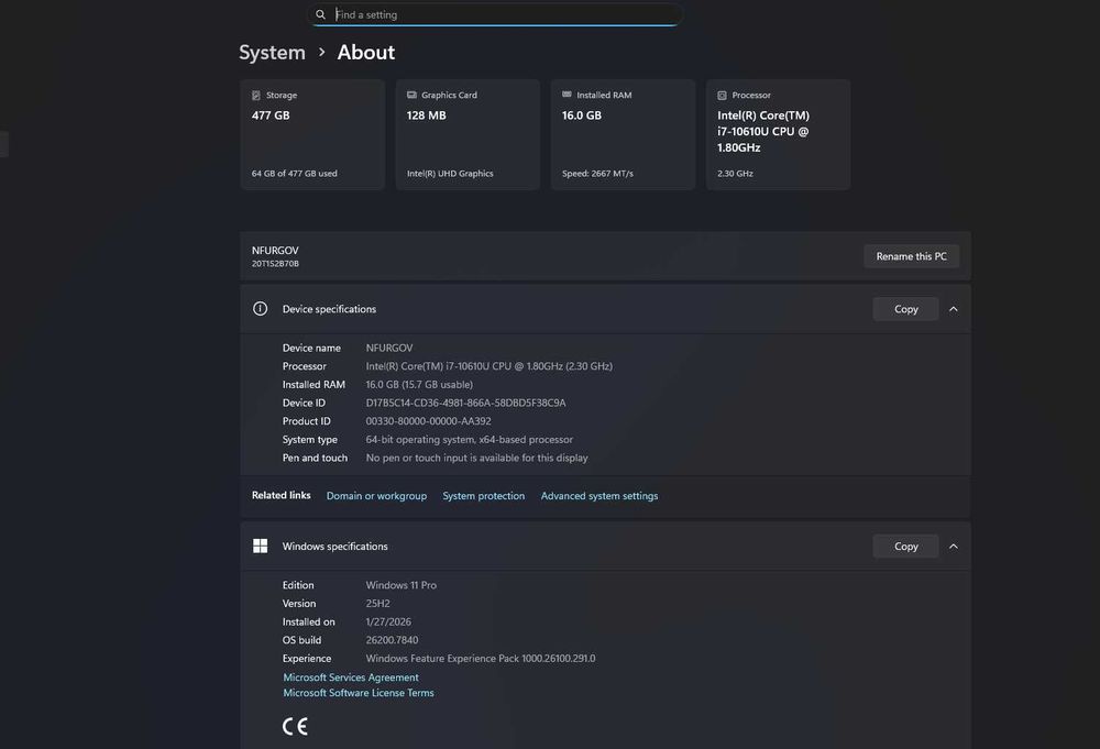 Лаптоп Lenovo  T14s / i7-10610U / 16GB RAM / 512GB SSD /