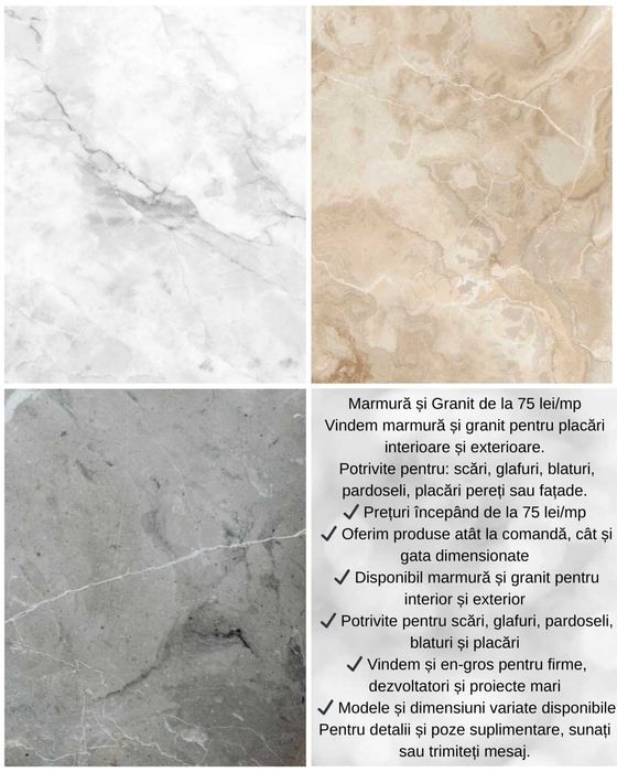 Marmură și Granit de la 75 lei/mp | La comandă și gata dimensionate