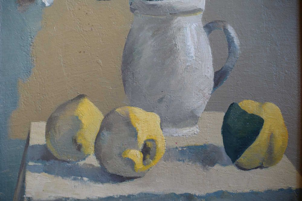 Tablou original 1983 Liviu Suhar 38,5 x 29,5 cm „Flori și gutui“ ulei pe carton