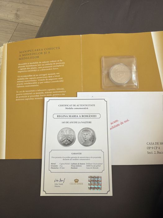 Moneda De colectie Romaneasca cu certificat,Regina Maria