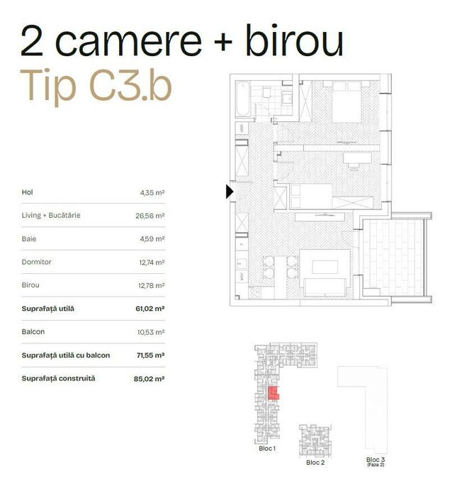 De Vanzare Apartament 2 camere + birou + terasa 10.53mp, Bdul Ghencea