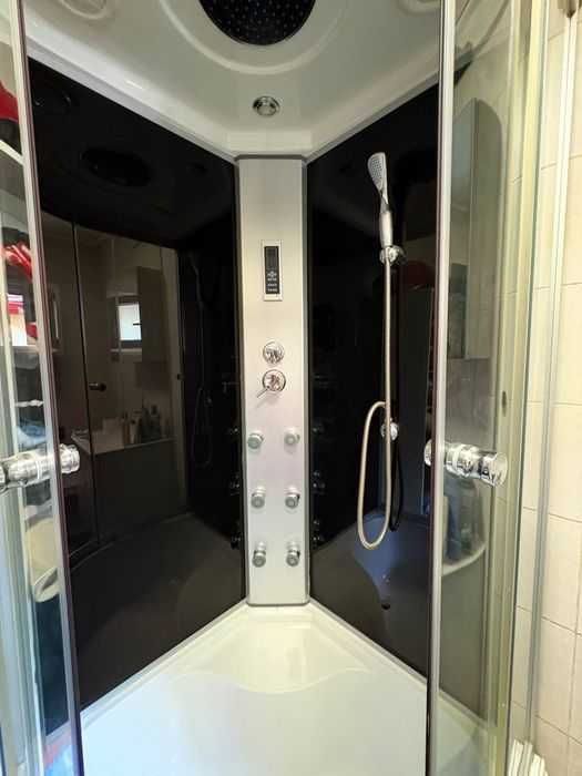 Cabină de duș, Sanotechnik, premium cu hidromasaj, sticlă neagră și cădiță înaltă, 90x90