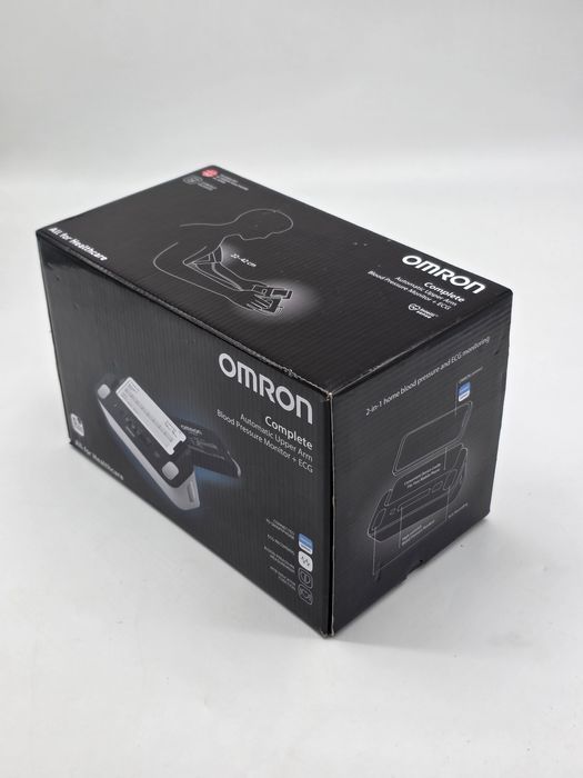 Tensiometru automat de brat cu ECG Omron Complete, cu afisaj si Bluetooth, masurarea tensiunii arteriale si a pulsului, Alb/Gri, produs NOU, intact