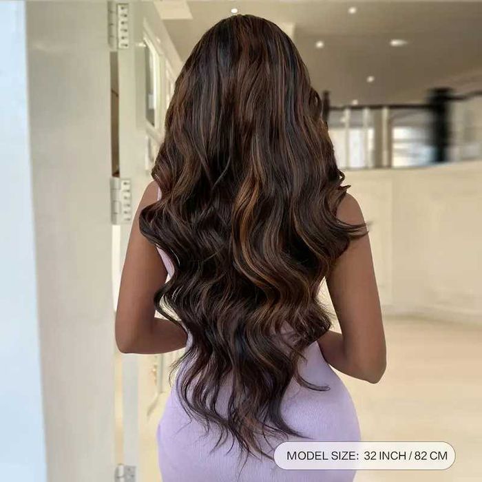 Тъмно кафява вълнообразна перука с кичури