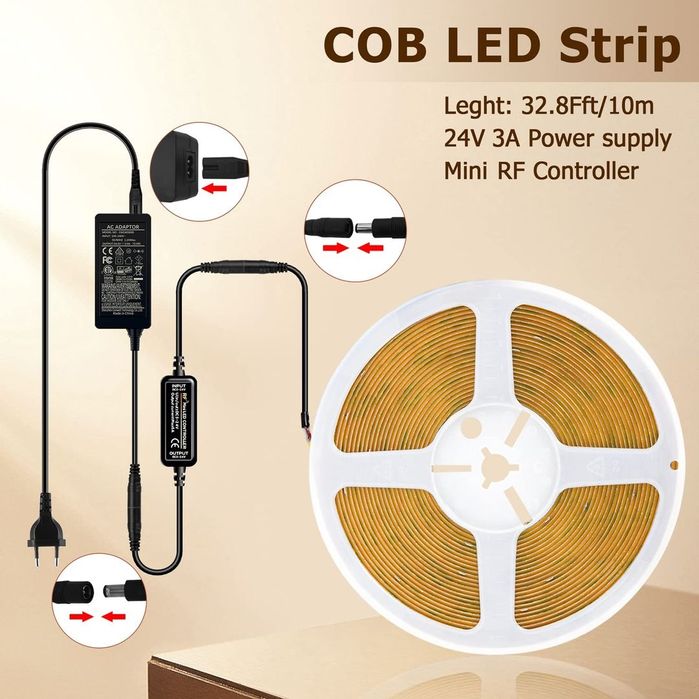 Bandă LED COB 10M 4000K cu telecomandă RF și sursă – 384 LED/m