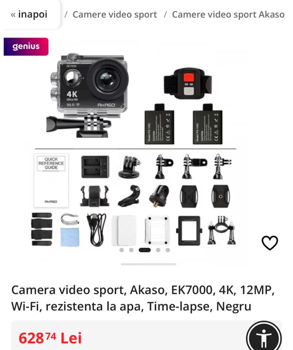 Camera video sport, Akaso, EK7000, 4K, 12MP, sigilata, transport ZERO