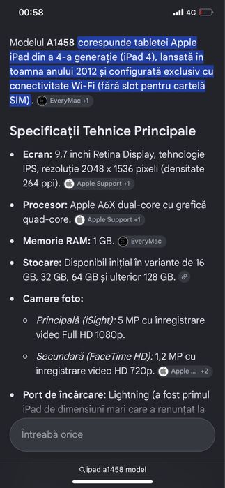 Ipad  4 wifi model A1458
