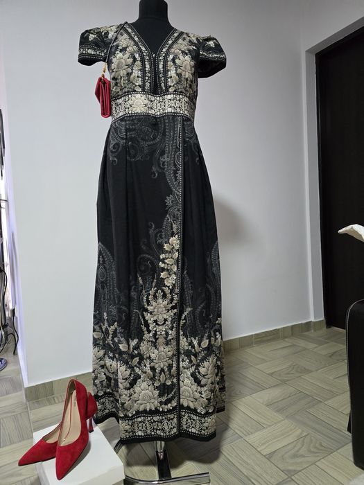 Rochie maxi din in si bumbac, model cu imprimeu  lotus înghețat