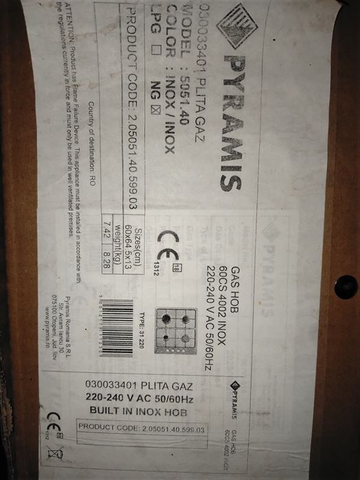 Plită pe gaz din inox