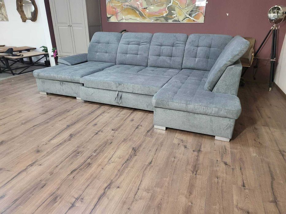 Светло сив П - образен ъглов диван Nixon с функция сън