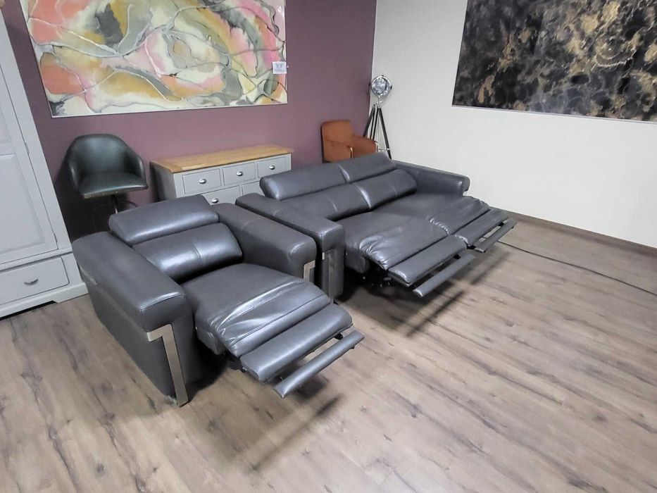 Сив кожен диван тройка и фотьойл Moreno с ел. релакс механизъм