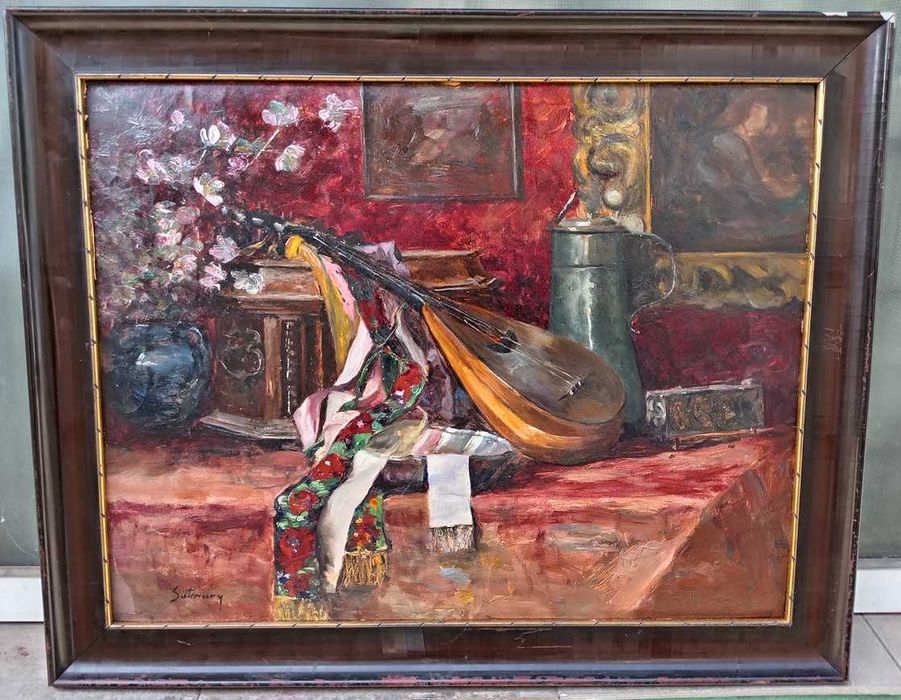 Pictura veche - natura statica cu cobza - semnat Satmary