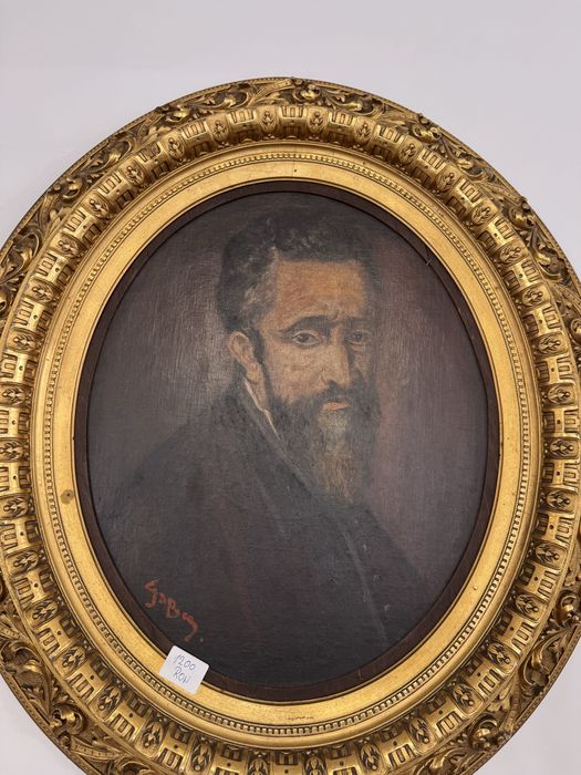 Tablou portret cu rama aurie bogat ornamentata