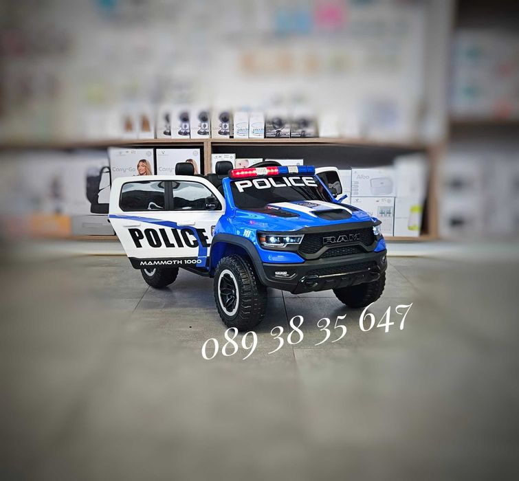 ТОП ЦЕНАНОВО!Акумулаторен джип RAM POLICE BLUE с 12V батерия,EVA гуми,сигнални светлини,,USB,дистанционно