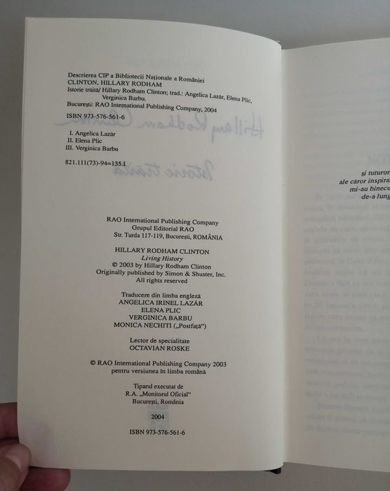 carte Autobiografie Istorie traita Hillary Clinton editura Rao 2004