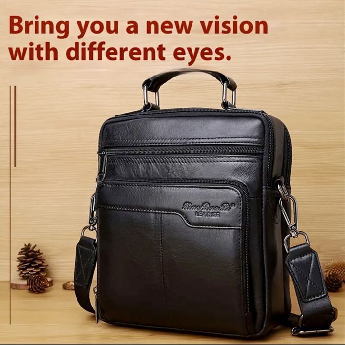 Мъжка елегантно/практична и голяма бизнес чанта/Черна естествена кожа