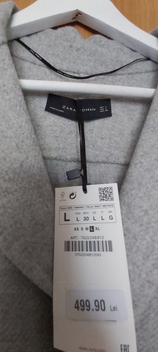 Vând palton Zara hand made din lână, nou cu etichetă.