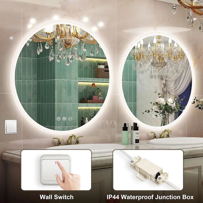 Кръгло LED огледало за баня Ф60/80 см, bluetooth обезпотяване дървесна