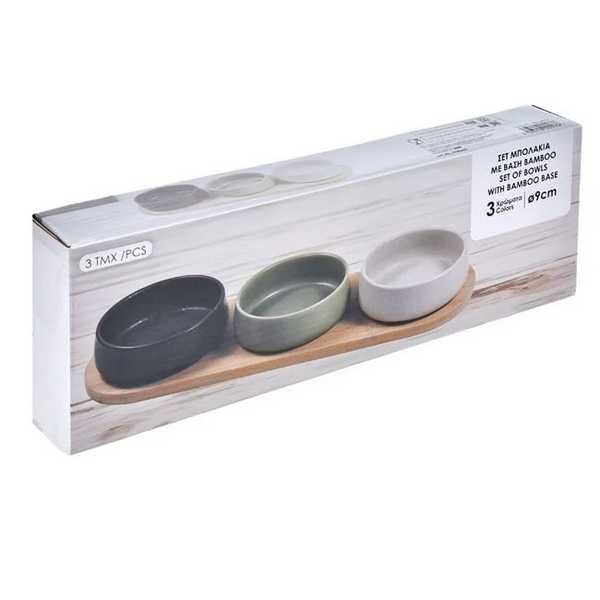 Комплект 3 цветни керамични купички Mercado Trade, Бамбукова поставка