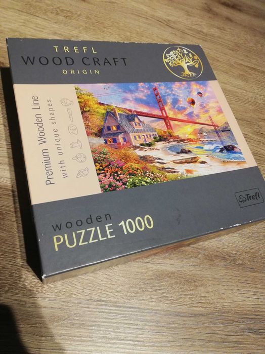 Дървен пъзел Trefl - Wood Craft, Залез над Golden Gate, 1000 части
