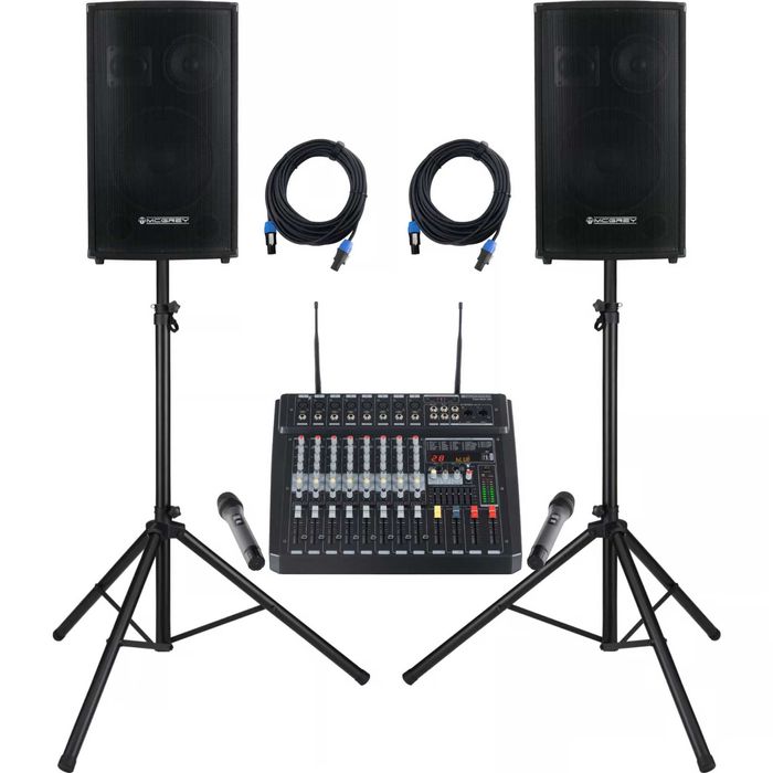 Set Mixer amplificat Powermixer 800 boxe pasive-00+600W+cabluri+stativ