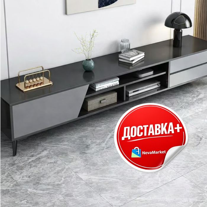 ТВ тумба современная, чёрно-серая, 200×30×40 см