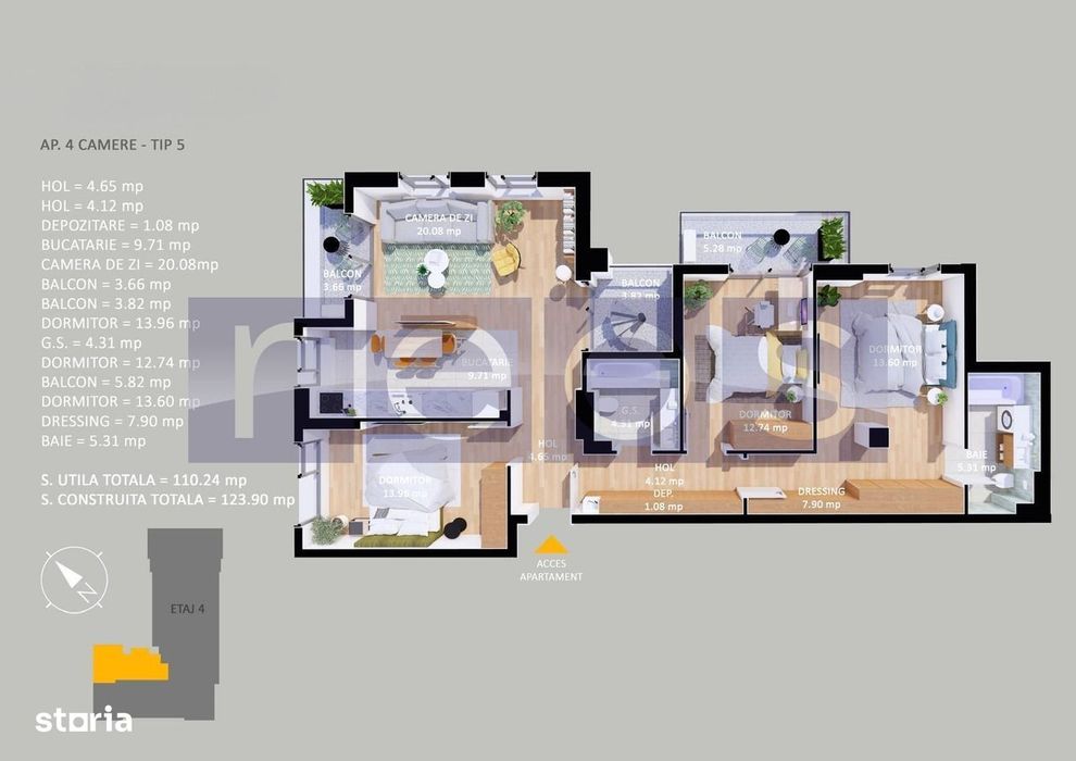 Vanzare Apartament La Cheie | 4 Camere | 107Mp | Terasa 73 Mp| Parcare