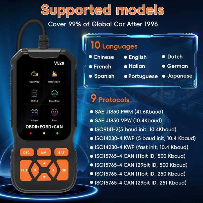 Професионален автомобилен диагностичен кодочетец V520 Full OBD2 EOBD