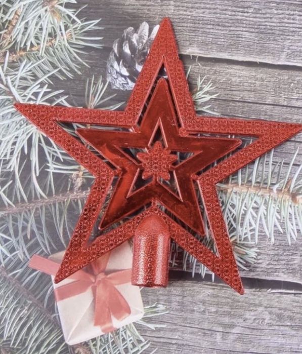 звезда на елку пластик серебристый красный цвет