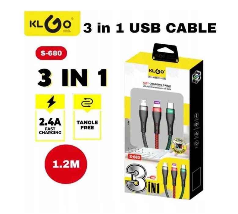 Кабел за зареждане KLGO 3в1 USB -> Type C, Lightning, Micro