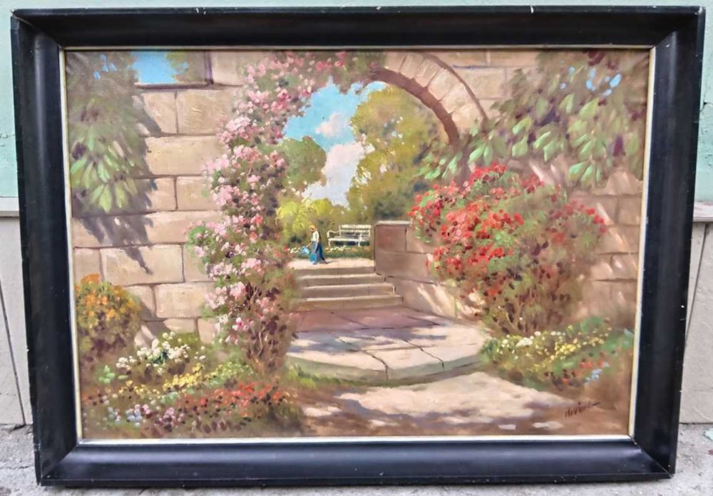 Tablou vechi - peisaj la Mediterana - semnat indescifrabil