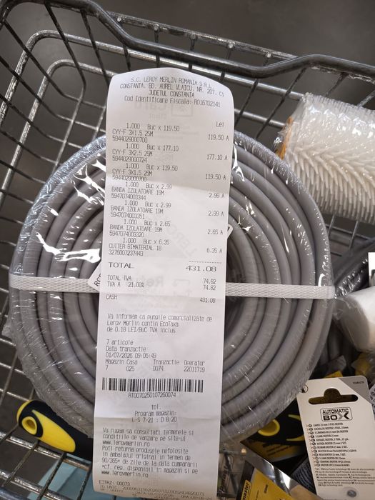 Cablu electric CYYF 3 × 1,5 mm², 25 m, nou, sigilat