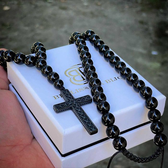 Мъжки Гердан/Колие от Черен Гланцов Оникс и Стоманен Кръст