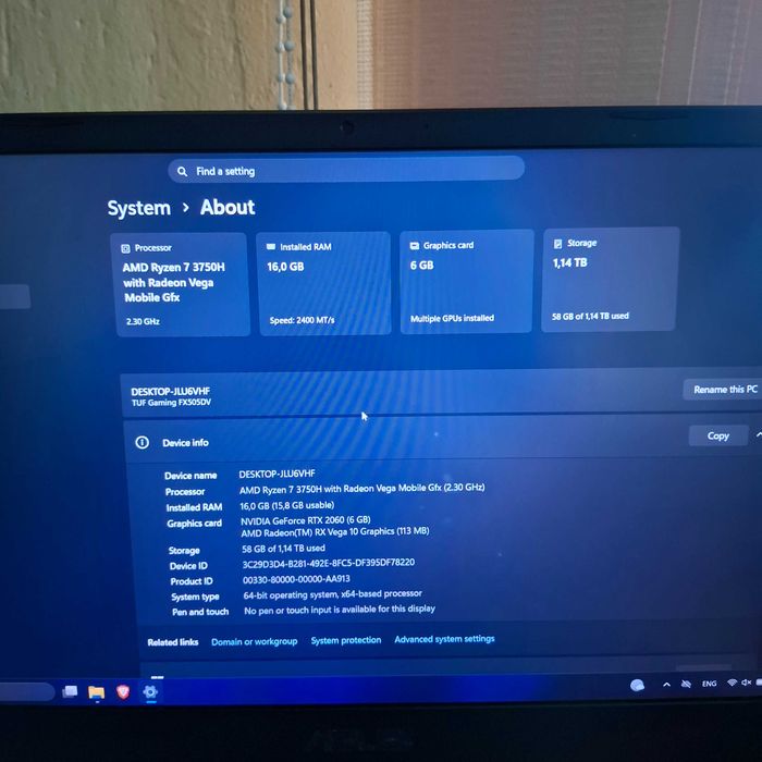 Геймърски лаптоп Asus TUF Gaming FX505DV, RTX 2060 6GB, 16GB RAM, 144Hz, 15.6"