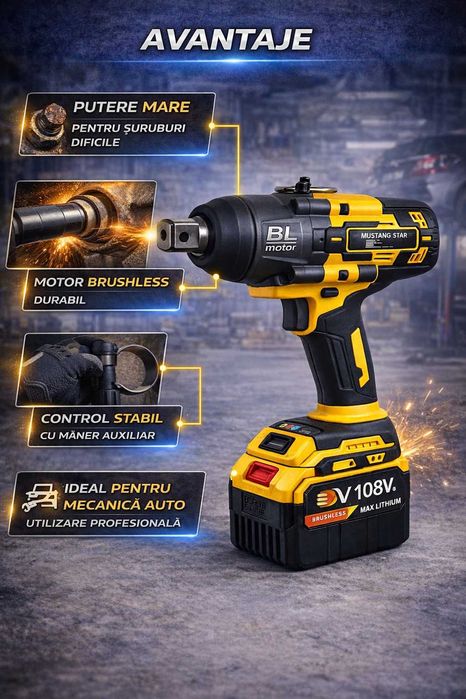 Pistol Impact 1/2 Brushless 108V 3000Nm 2 Baterii Profesional