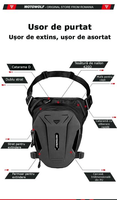 Geantă de picior/umar moto Motowolf, extensibilă, hardshell