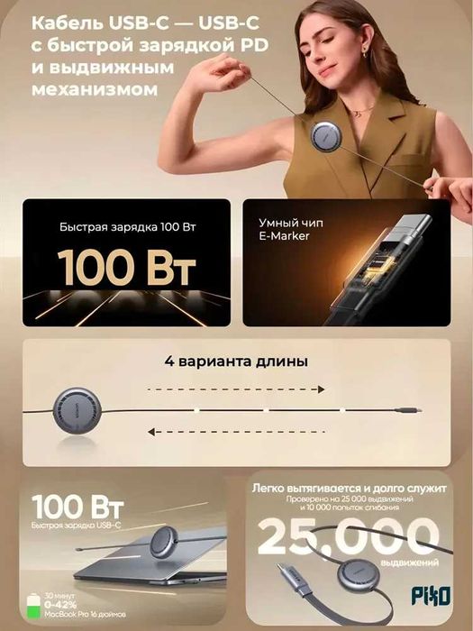 Кабель UGREEN USB-C 100W выдвижной для быстрой зарядки