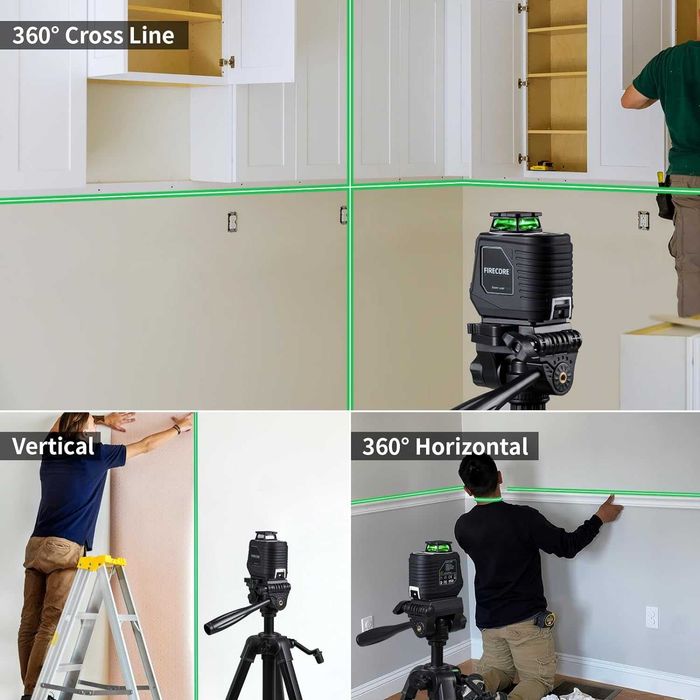 Лазерен нивелир Firecore 360° със статив, зелен самонивелиращ се