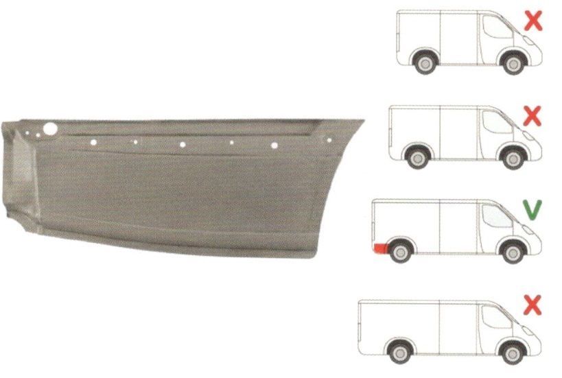 Segment reparatie aripa spate Mercedes Sprinter 209-524, 07.2006-06.2018, Vw Crafter (2e), 12.2005-04.2017, Lungime, Spatiu Incarcare L=4300mm, stanga/dreapta, în Spatele carcasei rotii; fara locas ornamen