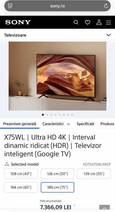 Vând televizor Sony BRAVIA KD-75X75WL – 75” (189 cm) 4K Smart TV