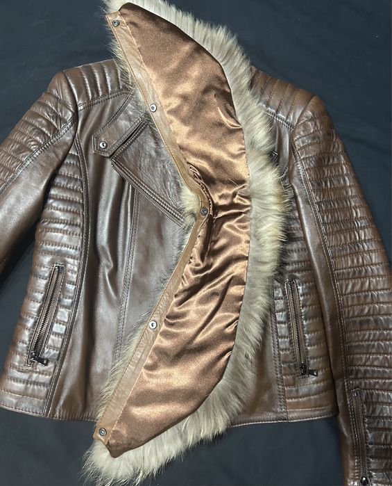 Geaca maro de piele naturală. guler de blana naturală