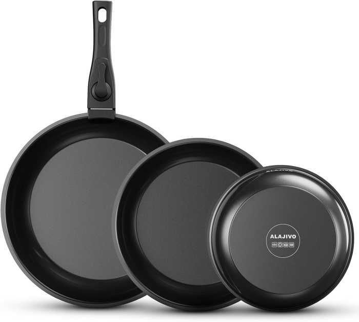 Set 3 tigăi cu mâner detașabil 20/24/28cm ceramică antiaderentă Inducție & cuptor - Alajivo