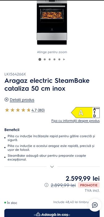 Aragaz Electrolux LKI564266X, Electric, Inductie, 4 zone de gatit, Booster, SteamBake, AirFry, Autocuratare catalitica, Timer electronic, Grill