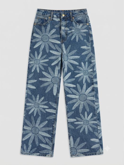 Blugi jeans largi cu imprimeu floral eleganti cu talie inalta